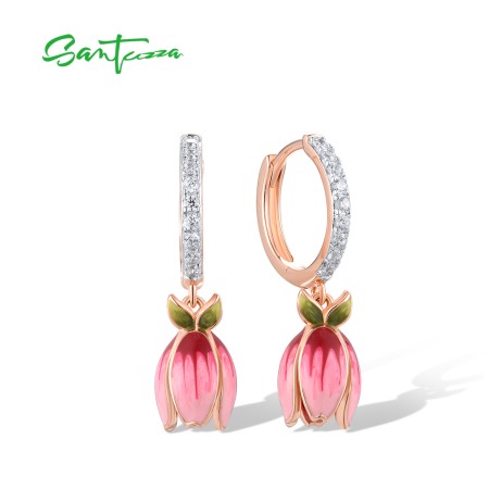 SANTUZZA 925 Sterling Silver Drop Earrings White CZ Enamel Tulip Flower Jewelry