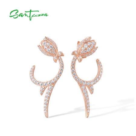 SANTUZZA 925 Sterling Silver Earrings White CZ Tulip Flower Rose Gold Plated Fine Jewelry
