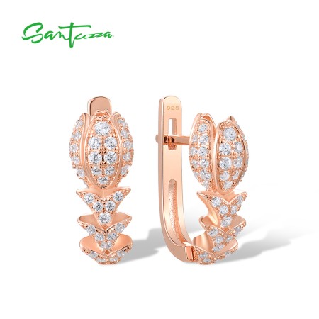 SANTUZZA 925 Sterling Silver Earrings White CZ Pink Flower Latch Back Fine Jewelry