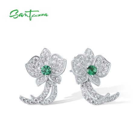 SANTUZZA 925 Sterling Silver Stud Earrings White CZ Green Spinel Orchid Flower Fine Jewelry