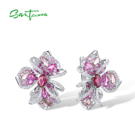 SANTUZZA 925 Sterling Silver Earrings Created Ruby Pink Sapphire Lily Flower Jewelry