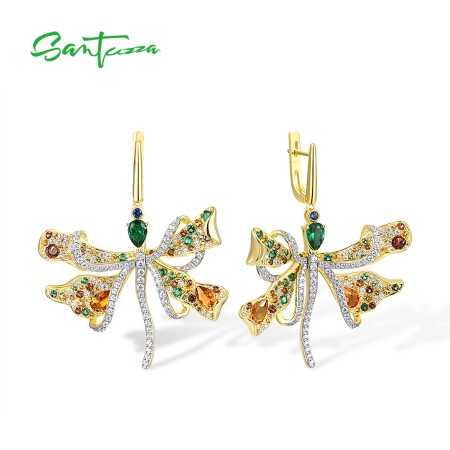 SANTUZZA 925 Sterling Silver Dangle Earrings Multicolor Gemstone Dragonfly Fine Jewelry