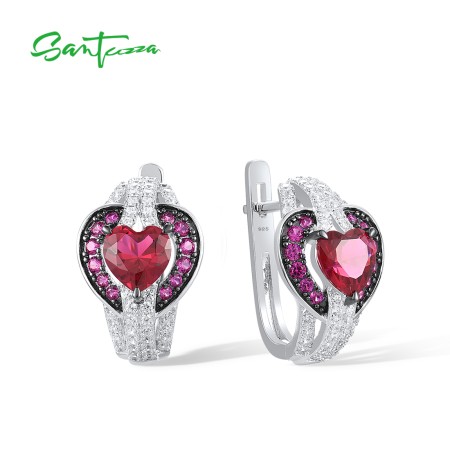 SANTUZZA 925 Sterling Silver Earrings Heart Red Stones White CZ Earrings Jewelry