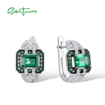 SANTUZZA 925 Sterling Silver Earrings Green Spinel White Cubic Zirconia Earrings Jewelry