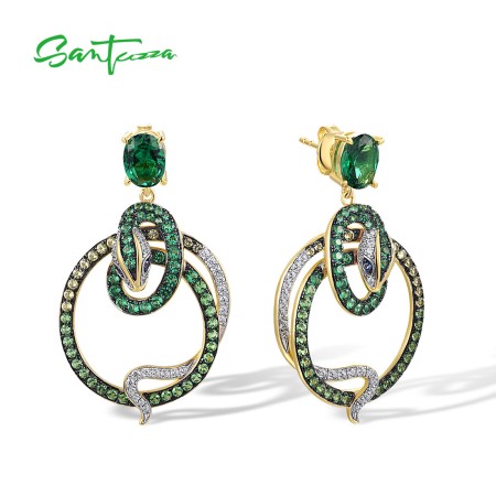 SANTUZZA 925 Sterling Silver Stud Earrings Green Spinel White CZ Ombre Snake Safari Jewelry