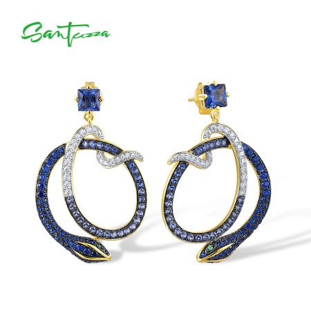 SANTUZZA 925 Sterling Silver Stud Earrings Blue Spinel White CZ Ombre Snake Fine Jewelry