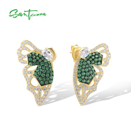 SANTUZZA 925 Sterling Silver Earrings Green Spinel White CZ Chic Butterfly Jewelry