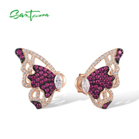 SANTUZZA 925 Sterling Silver Stud Earrings Created Ruby White CZ Red Butterfly Fine Jewelry