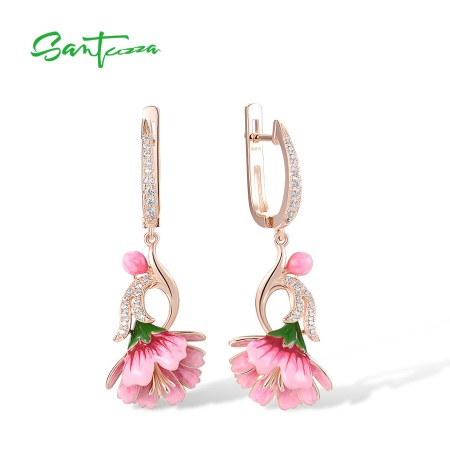 SANTUZZA 925 Sterling Silver Drop Earrings White Cubic Zirconia Pink Enamel Flower Jewelry