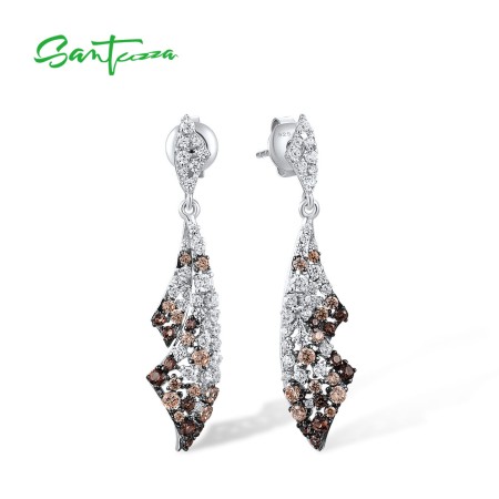 SANTUZZA 925 Sterling Silver Earrings Nano Brown Spinel Champagne CZ Dangling Fine Jewelry