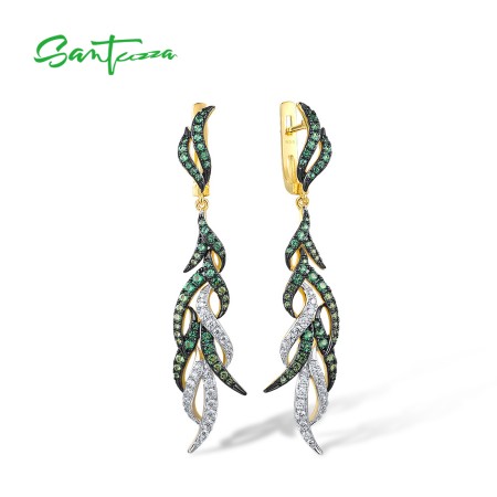 SANTUZZA 925 Sterling Silver Latch Back Earrings Green Spinel White CZ Long Fine Jewelry