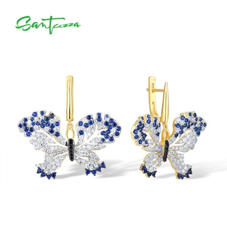 SANTUZZA 925 Sterling Silver Earrings White CZ Blue Spinel Butterfly Jewelry