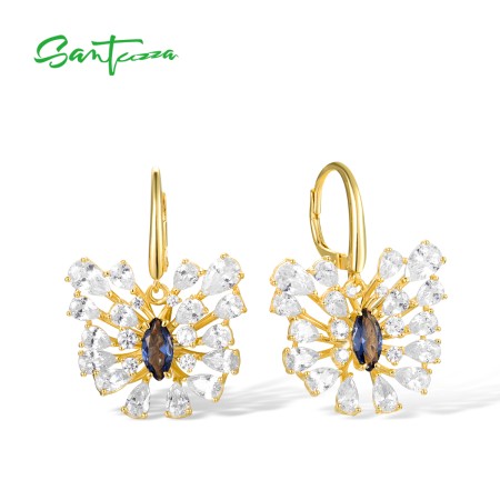 SANTUZZA 925 Sterling Silver Dangling Earrings White CZ Blue Spinel Loop Butterfly Jewelry