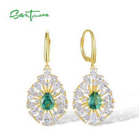 SANTUZZA 925 Sterling Silver Dangling Earrings White CZ Green Spinel Hoop Cluster Jewelry