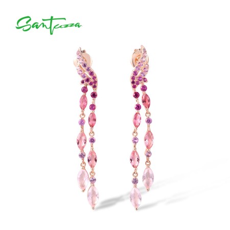 SANTUZZA 925 Sterling Silver Stud Long Earrings Created Pink Sapphire /Ruby Ombre Jewelry