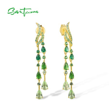 SANTUZZA 925 Sterling Silver Stud Long Earrings Ombre Green Spinel And Glass Gold Plated Jewelry