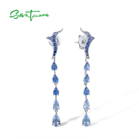 SANTUZZA 925 Sterling Silver Ombre Long Stud Earrings Blue Spinel /Glass / Nano CZ Jewelry