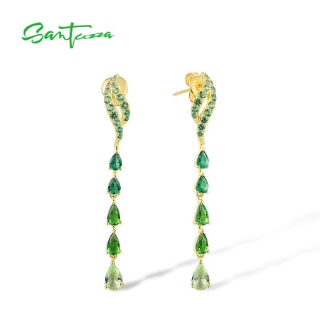 SANTUZZA 925 Sterling Silver Stud Dangling Earrings Ombre Green Spinel And Glass Gold Color Jewelry