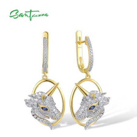SANTUZZA 925 Sterling Silver Unicorn Earrings Blue Nano White Cubic Zirconia Gold Plated Dangling Jewelry