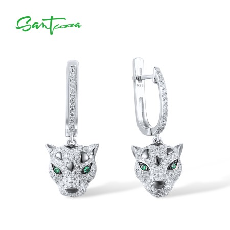 SANTUZZA 925 Sterling  Silver Dangling Earrings Sparkling Green Spinel White CZ Leopard Animal Jewelry