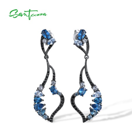 SANTUZZA 925 Sterling Silver Earrings Blue Black Spinel Dangling Earrings Geometric Jewelry