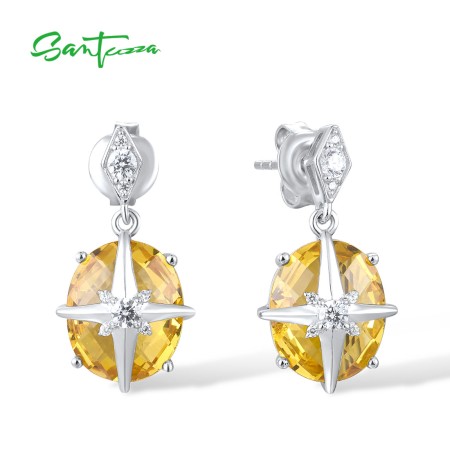 SANTUZZA 925 Sterling Silver Stud Earrings Yellow Stone White CZ Cute Star Jewelry