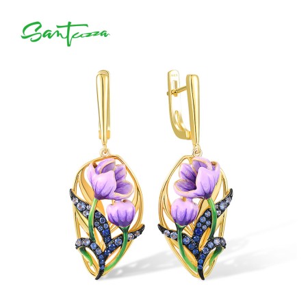 SANTUZZA 925 Sterling Silver Earrings Purple Enamel Flower Blue Spinel Jewelry