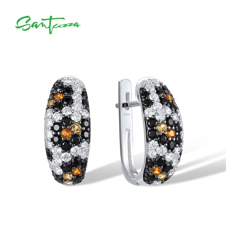 SANTUZZA 925 Sterling Silver Latch Back Earrings Black Spinel White CZ Yellow Nano CZ Fine Jewelry