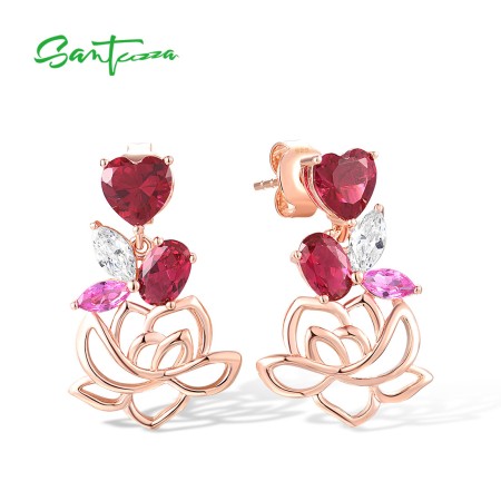 SANTUZZA 925 Sterling Silver Earrings Red Nano Crystal Pink Sapphire White CZ Heart Lotus Fine Jewelry