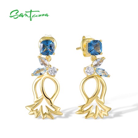 SANTUZZA 925 Sterling Silver Stud Earrings Blue Spinel White CZ Flower Dangling Fine Jewelry