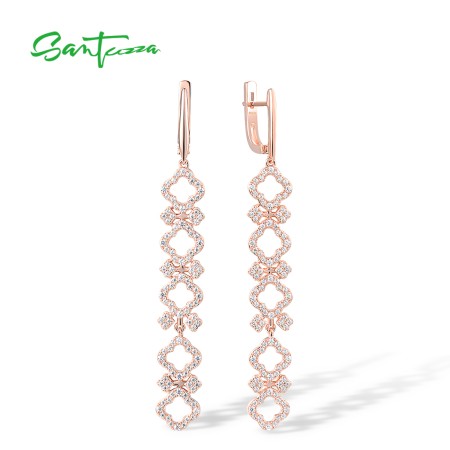SANTUZZA 925 Sterling Silver Earrings White CZ Geometric Long Earrings Fine Jewelry