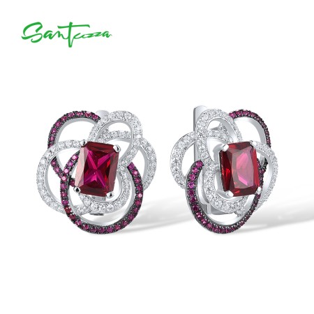 SANTUZZA 925 Sterling Silver Earrings Created Ruby White CZ Delicate Red Jewelry