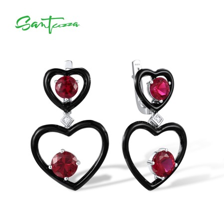 SANTUZZA 925 Sterling Silver Enamel Earrings Red Nano Crystal White CZ Dangling Heart Fine Jewelry