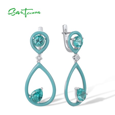 SANTUZZA 925 Sterling Silver Enamel Earrings Green Spinel White CZ Dangling Pear Fine Jewelry