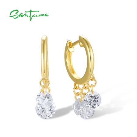 SANTUZZA Pure 925 Sterling Silver Drop Earrings For Women Round White Cubic Zirconia Hoop Gold Color Plated Chic Fine Jewelry