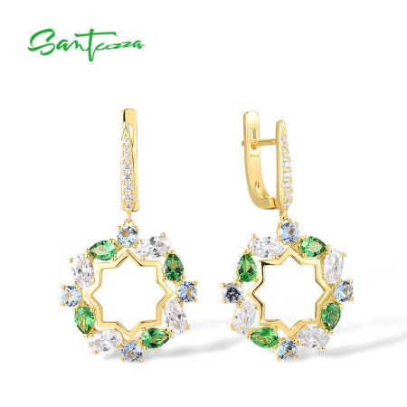SANTUZZA 925 Sterling Silver Dangling Earrings White CZ Green/Blue Spinel Circled Fine Jewelry