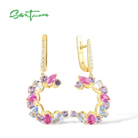 SANTUZZA 925 Sterling Silver Dangling Earrings Multi-Color Gemstones Fine Jewelry