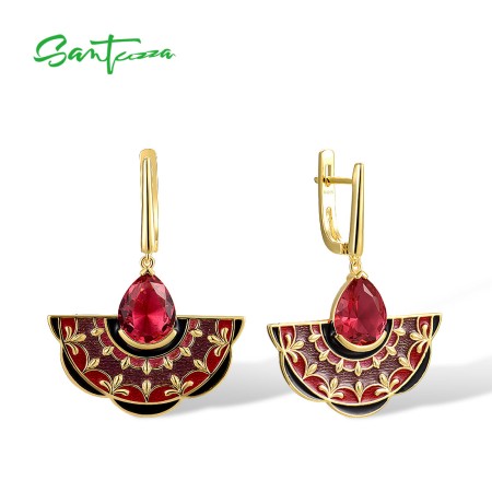 SANTUZZA 925 Sterling Silver Pink Earrings Red Stone Enamel Charm Jewelry
