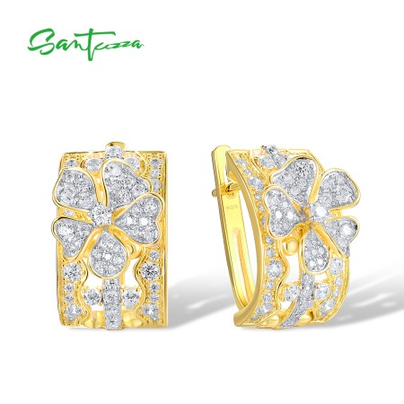 SANTUZZA 925 Sterling Silver Earrings White Cubic Zirconia Flower Fine Jewelry