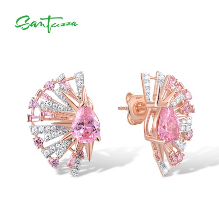 SANTUZZA 925 Sterling Silver Earrings Pink White Cubic Zirconia Fan Shaped Jewelry