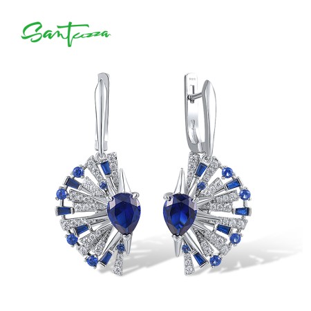 SANTUZZA 925 Sterling Silver Earrings Blue Spinel White CZ Fan Shape Drop Jewelry