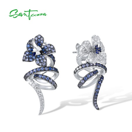 SANTUZZA 925 Sterling Silver Stud Earrings Blue White Stone Delicate Flower Fine Jewelry