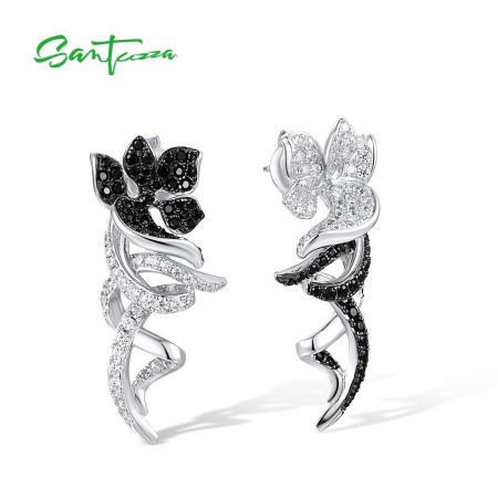 SANTUZZA 925 Sterling Silver Earrings White Black Flower  Jewelry