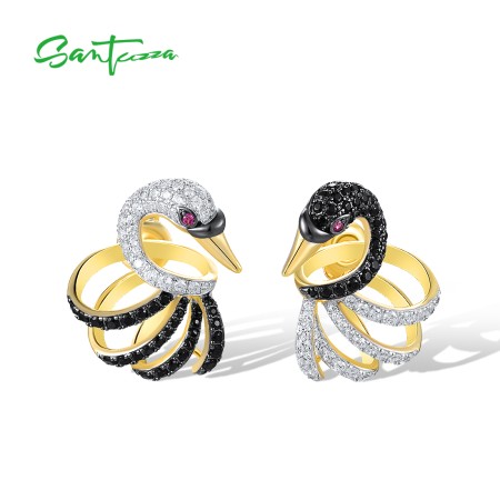 SANTUZZA 925 Sterling Silver Stud Earrings White Black Swan Fine Jewelry