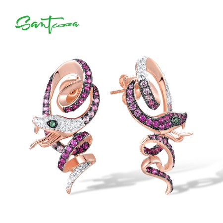SANTUZZA 925 Sterling Silver Stud Earrings Created Sapphire Ruby Snake Animal Fine Jewelry