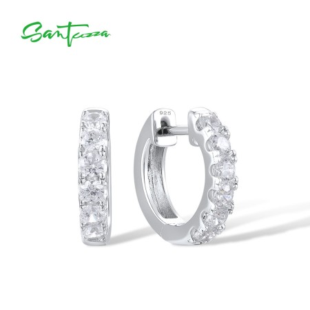 SANTUZZA 925 Sterling Silver Loop Earrings White Cubic Zirconia Jewelry