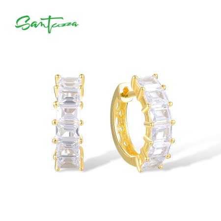 SANTUZZA 925 Sterling Silver Hoop Earrings White Cubic Zirconia Simple Style Jewelry
