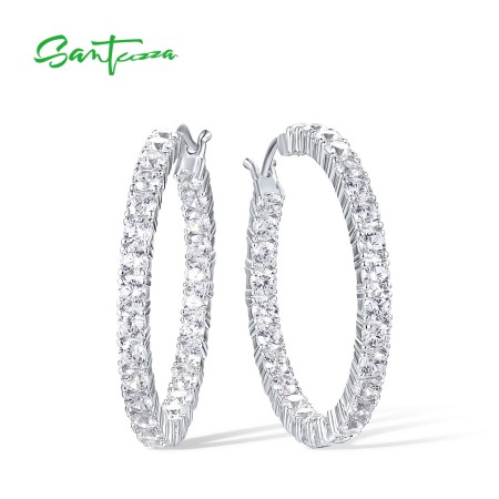 SANTUZZA 925 Sterling Silver Hoop Earrings White CZ Glimmer Inter Outer Fine Jewelry