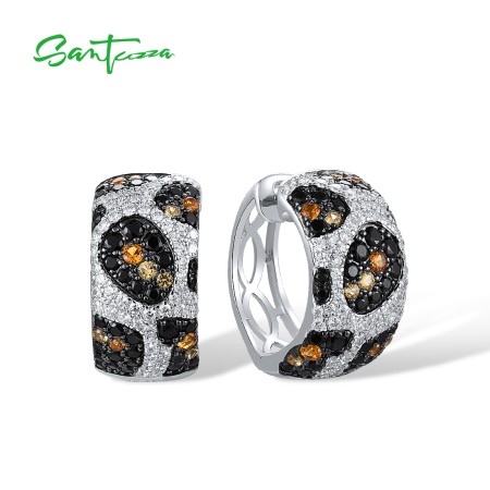 SANTUZZA 925 Sterling Silver Hoop Earrings White Black Spinel Yellow Crystal Leopard Jewelry
