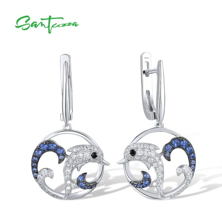 SANTUZZA 925 Sterling Silver Earrings Black Spinel Blue White CZ Dolphin Ocean Fine Jewelry